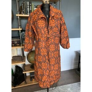 Orange Coat, Floral Pattern, Belt Closure, Open Neck Collar, Bright, Stylish,